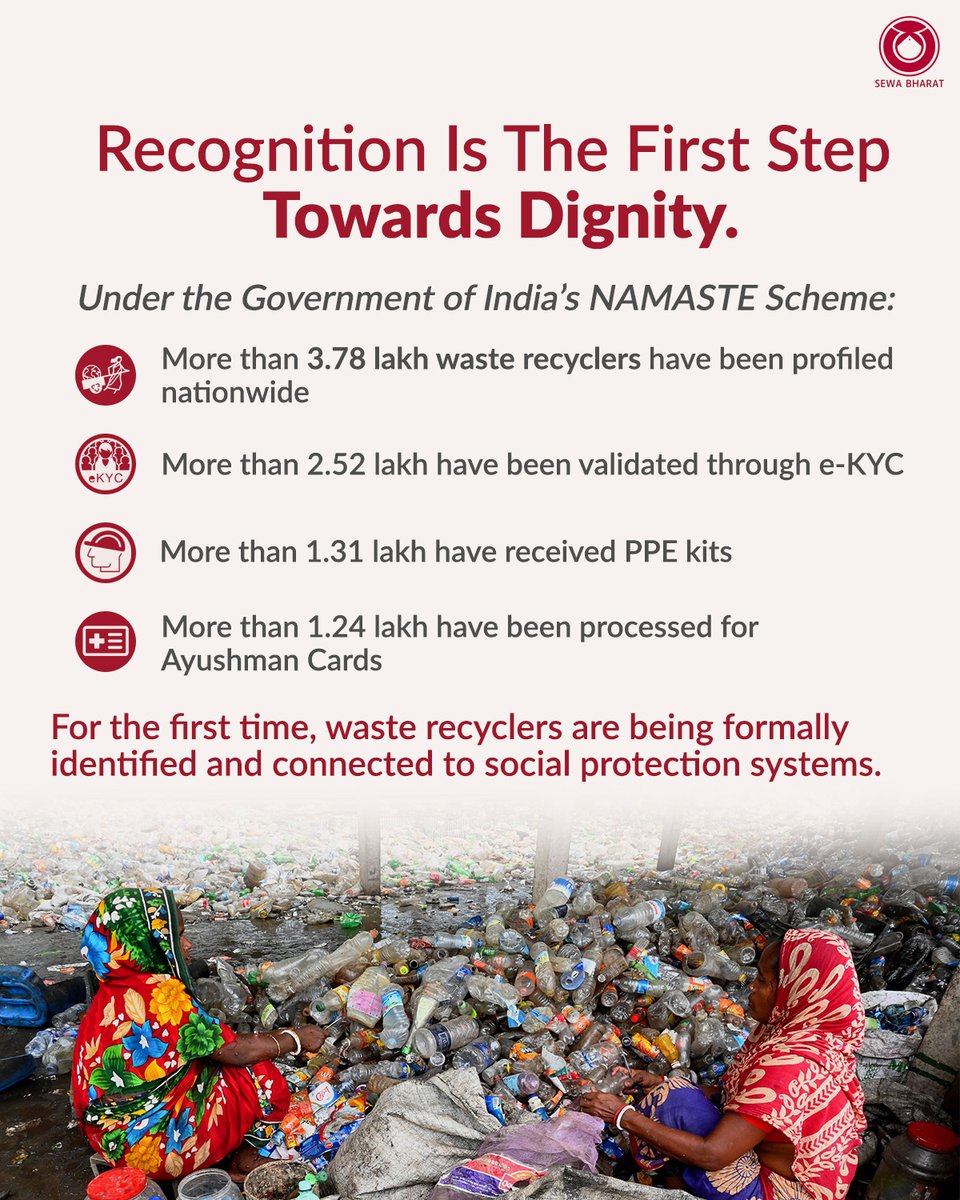 SEWABharat's tweet photo. The Government of India's NAMASTE Scheme is an important step towards change. So far, over 3.78 lakh waste workers have been profiled. https://t.co/iQRuH3uQ1N