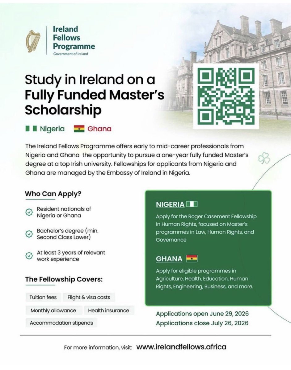 boye4christ2006's tweet photo. Japa for free. 

The applications for fully funded masters scholarships in Ireland 🇮🇪 is opened. 

It’s a one year fully funded scholarship 

Criteria:

1) Resident of Nigeria and Ghana 

2) Bachelors degree (Min 2:2)

3) At least three years of relevant experience

Closing date ; July  26, 2026