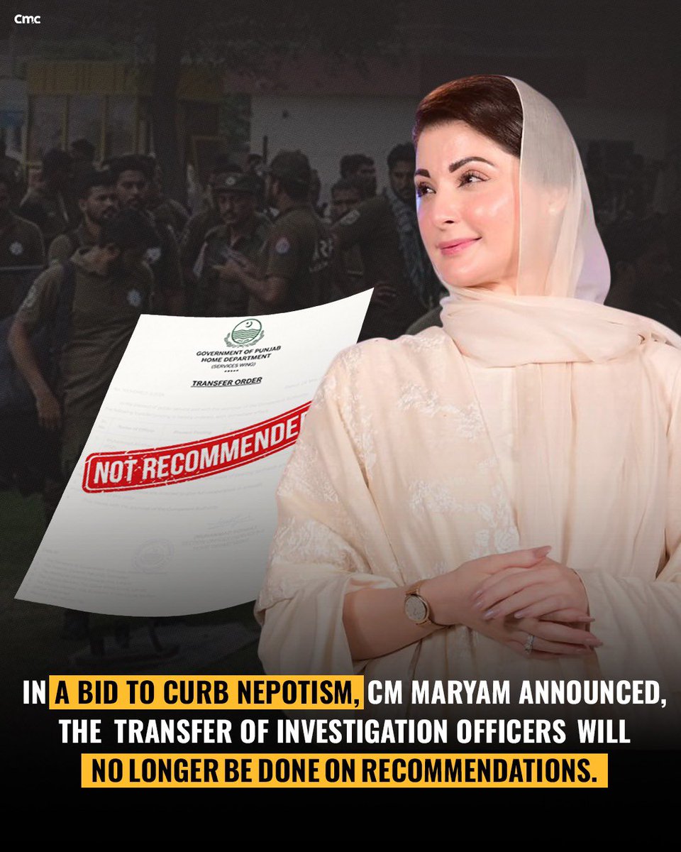 pmln_org's tweet photo. In a bid to curb nepotism, cm maryam announced that the transfer of investigation officers will no longer be done on recommendations. https://t.co/0QnkRVGJNq