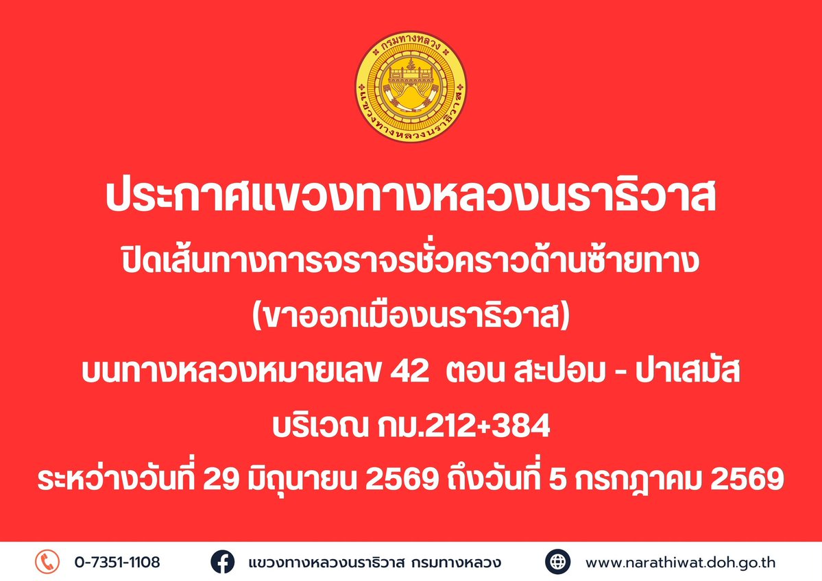 prdoh1's tweet photo. 🚧 ปิดเส้นทางการจราจรชั่วคราวด้านซ้ายทาง (ขาออกเมืองนราธิวาส) บนทางหลวงหมายเลข 42 ตอน สะปอม - ปาเสมัส บริเวณ กม.212+384 

🗓️วันที่ 29 มิถุนายน 2569 ถึงวันที่ 5 กรกฎาคม 2569

อ่านต่อได้ที่ >>> https://t.co/gNhQM6jt0U https://t.co/MzaGGz6iRI