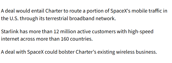 Matthew525f's tweet photo. $CHTR

🚨 Report:

Charter Communications reportedly held executive-level talks with SpaceX about a consumer mobile phone partnership.

If finalized, this would be another sign that satellite connectivity is becoming part of the mainstream telecom playbook. https://t.co/jJjM0dRUIK