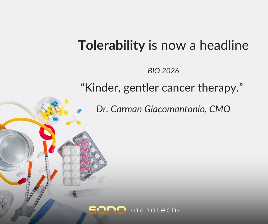SonaNanotech's tweet photo. One thing BIO 2026 made clear: tolerability is no longer a secondary consideration in oncology. It is a headline. 

The kinder-gentler cancer therapy session was not a fringe conversation. It was a mainstage one. The field is saying out loud that efficacy and tolerability have to be solved together, not traded off against each other. 

That is a direction Sona has been building toward. Delivering treatment locally, inside the tumor, concentrating the effect where it is needed and limiting it elsewhere, is the design rationale behind the IGNITE-THT and PRIME-THT studies. 

Dr. Carman Giacomantonio, CMO, Sona Nanotech 

#BIO2026 #Oncology #Tolerability