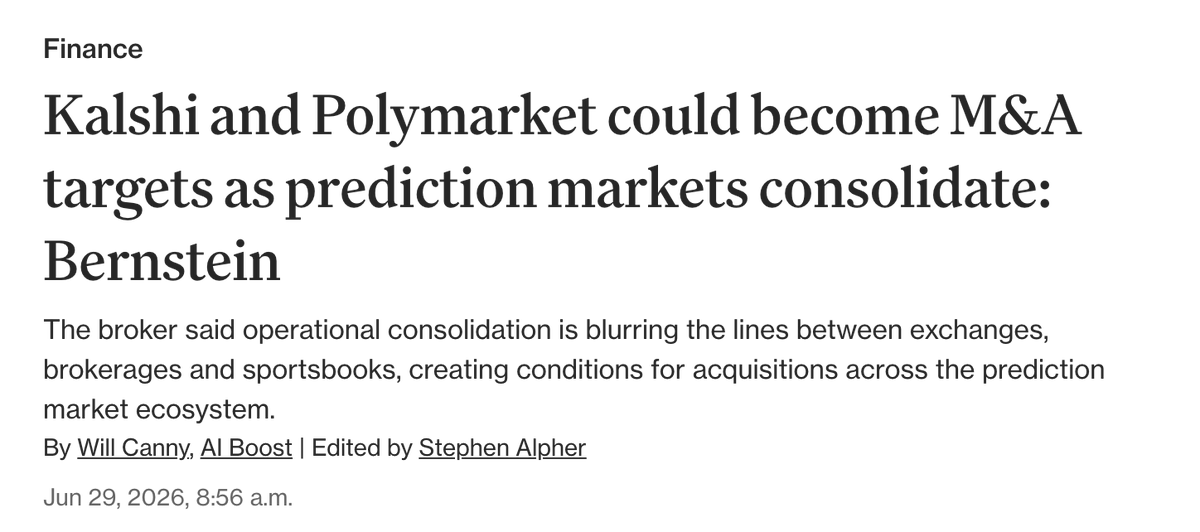hood__house's tweet photo. 🚨 KALSHI AND POLYMARKET COULD BECOME M&A TARGETS  -BERNSTEIN 

"Kalshi and Polymarket own the stack but trail on distribution, which leaves each as plausibly a target as an acquirer"

So far:
- $DKNG acquired Railbird
- $HOOD partnered with Susquehanna to build Rothera
- $COIN acquired The Clearing Company
- $FLUT established a dual-FCM structure

Bernstein's view is that prediction markets, sports betting, & consumer finance are converging into a single competitive landscape

Robinhood and Coinbase currently have the strongest competitive positions, according to Bernstein, followed by DraftKings