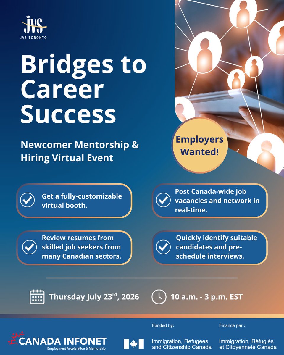 JVSToronto's tweet photo. EMPLOYERS WANTED! Are you an employer looking for highly-skilled newcomers to join your team? Register for JVS's annual Bridges to Career Success virtual conference!
Register at: https://t.co/ucKXEga3Z6
#newcomerservices #networkingevents #gtajobs #torontojobs #yorkregionjobs https://t.co/RL82hoLdhl