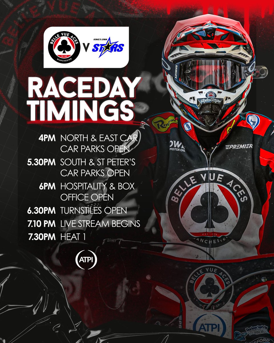 TheAces's tweet photo. 𝗥𝗮𝗰𝗲𝗱𝗮𝘆 𝘁𝗶𝗺𝗶𝗻𝗴𝘀 ⏰

🎭 In just 5️⃣ hours, it’s showtime! 

🏟️ National Speedway Stadium
📍 Manchester, M12 4WB

🎫 Tickets ▶️ https://t.co/ONQPJPAb6h
🎥 Live stream ▶️ https://t.co/tFAoZ9yIFO

#britishspeedway #Manchester♣️ https://t.co/L3k3IqdHiR