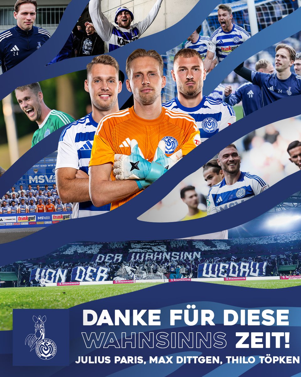 MSVDuisburg's tweet photo. Der MSV sagt an dieser Stelle ein herzliches Dankeschön an: Thilo Töpken, Max Dittgen &amp; Julius Paris! 
Danke für eure Zeit in ZebraStreifen und die großartigen Momente beim Wahnsinn von der Wedau mit euch! 💙🤍
Viel Erfolg und Gesundheit bei euren neuen Clubs! 🙏🍀
#MSVereint https://t.co/av5dxuzN4L