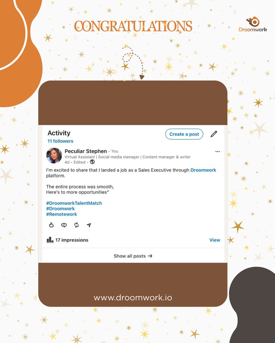 droom__work's tweet photo. 🎉 Another success story!

We're excited to celebrate a talent who secured a Sales Executive role through @droom__work
Every placement is a reminder of why we do what we do.

Visit Droomwork today and take the next step in your career  https://t.co/SXPQ6x1h1z

#Droomworkreview https://t.co/9nAyAPunuR