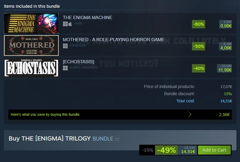 ENIGMA_STUDIO_'s tweet photo. HAVE YOURSELF A BIT OF A CRY AT CRAZY DISCOUNTED PRICES WITH THE TRIPPIEST NIGHTMAREST HORROR STORY IN GAMING IN MY UNBIASED OPINION.  
THE ENIGMA TRILOGY - ON SALE NOW. https://t.co/Ng9otNpor3