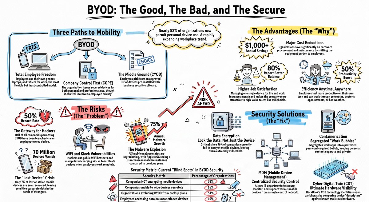 HackbookAI's tweet photo. Half of all companies allowing BYOD have already experienced security breaches through employee-owned devices. Each year around 70 million mobile devices are lost or stolen, with only a small fraction ever recovered, potentially exposing sensitive corporate data. https://t.co/rP9rnYjkZ1