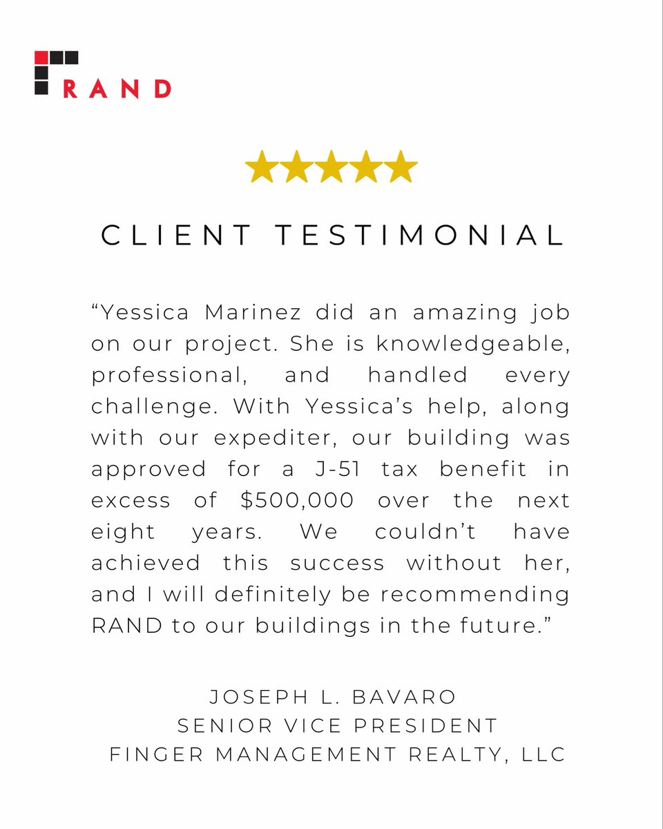 randpc's tweet photo. After a completed capital improvement project, one co-op was approved for more than $500K in J-51 tax benefits over 8 years.
 
RAND is proud to recognize Sr. Project Associate Yessica Marinez for her work supporting the application process with professionalism and persistence. https://t.co/eLkzylmpiz