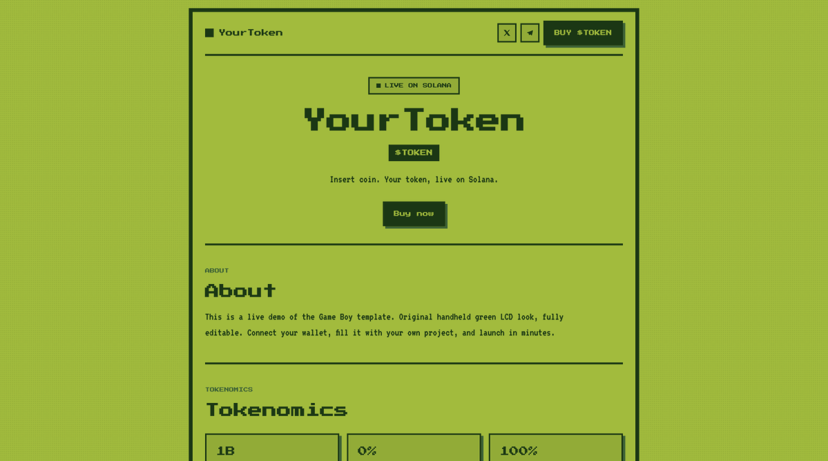 liftoffday's tweet photo. Two new templates just dropped on Liftoff, both pure nostalgia. 🎮

N64: chunky retro 3D, extruded title, glossy buttons, a starfield sky and the four classic console colors.

Game Boy: the original handheld look, four shade green LCD, pixel fonts, dot matrix screen, square pixel borders.

Pick one, drop in your token, and launch a site that actually has a personality. That makes 7 fully editable styles now: clean, meme, premium, hacker, neon arcade, N64 and Game Boy.

See them live 👉 https://t.co/IjpJyMeQpF