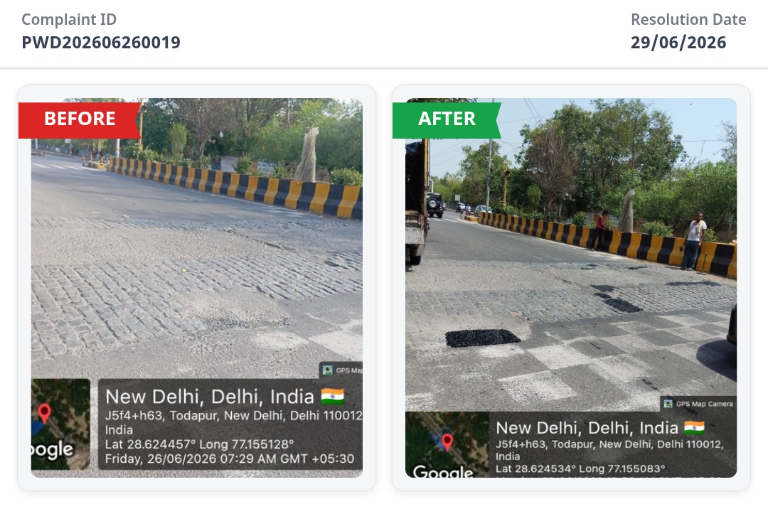 DelhiPwd's tweet photo. @delhicomplaint1 @Umang_bjp Hello Delhi Complaint,
This is to inform you that your complaint [PWD202606260019] has been resolved.
Thank you for your patience and cooperation. 🙏 https://t.co/4E9JTfF2gX