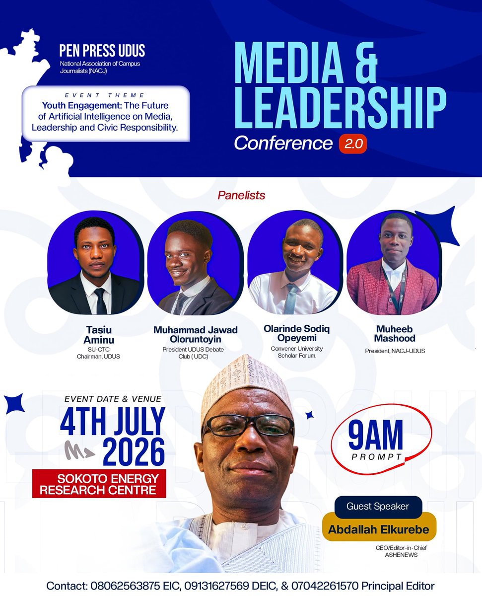penpressudus's tweet photo. Unveiling our distinguished Guest Speaker and Panelists
#PenPressMediaandLeadershipConference
#MLC2.0
#MediaLiteracyandLeadership
#PenPressUdus
#SokotoEnergyResearchCenterHall
https://t.co/qWByZ3JJGS https://t.co/PoIKFIUH1p