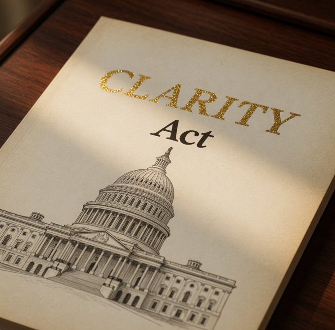 coinbureau's tweet photo. 🚨CLARITY ACT PASSING ODDS DROP TO 50%

Galaxy Research cut its 2026 odds for the CLARITY Act passing to 50%, down from 60%, citing a tight Senate calendar rather than weaker bipartisan support.

Polymarket is pricing the odds even lower at 44%, while 4,000 community banks warn the bill’s stablecoin rules could drain $1.3 TRILLION in deposits.