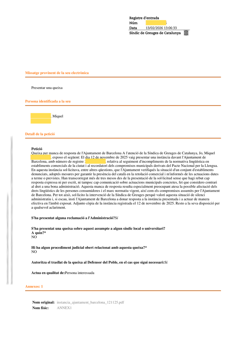 miqu3lm0la's tweet photo. 2/6 El novembre de 2025 detecto i denuncio amb imatges, 74 establiments de Barcelona que incompleixen sistemàticament el Codi de Consum.

Davant del silenci municipal de més de tres mesos, demano l'empara del @sindicdegreuges 👇 https://t.co/NY83u8nO1z