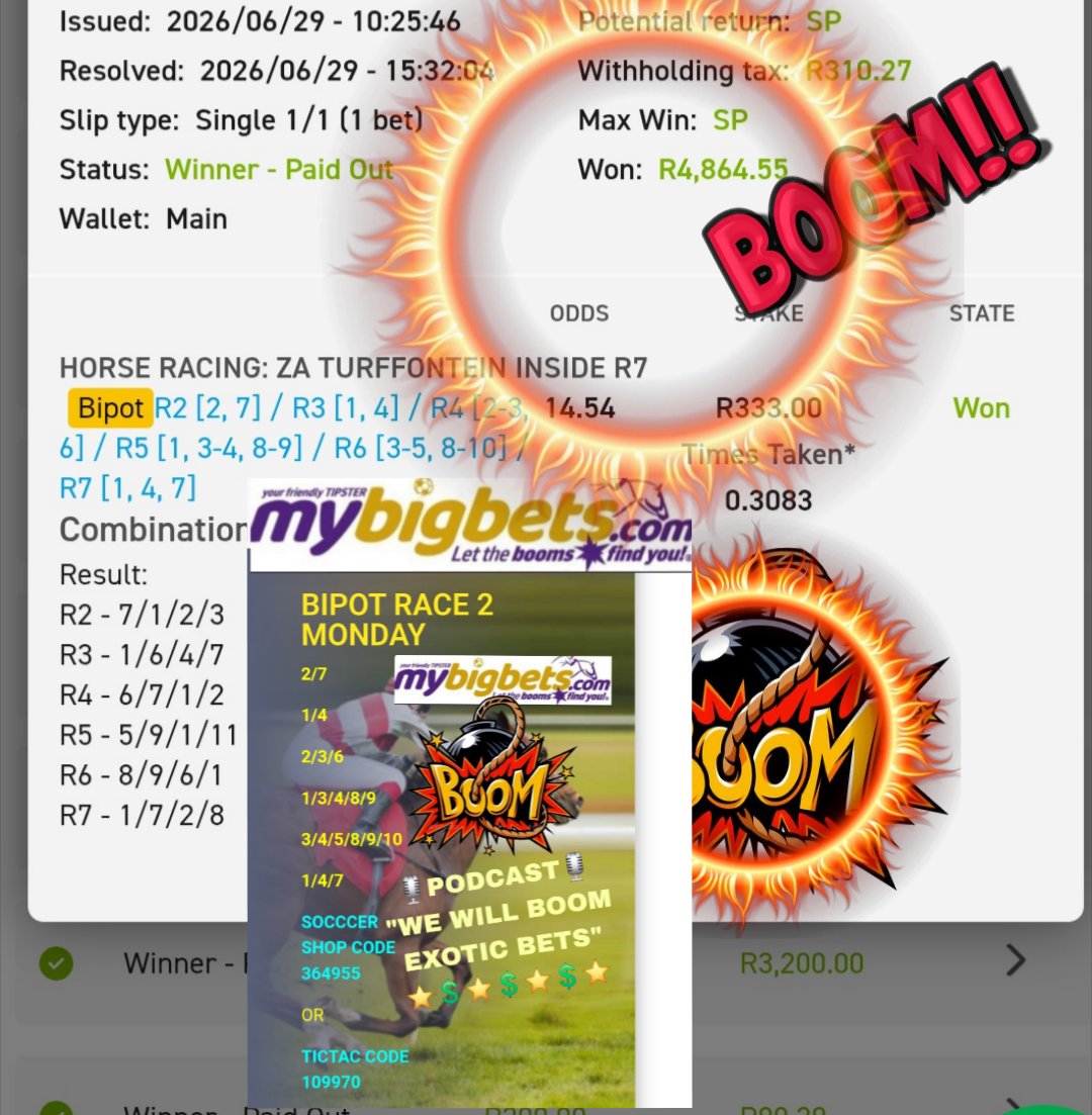 MyBigBets1's tweet photo. 🎙Did I Not Mention On Podcast🎙

📣WE WILL BOOM EXOTIC BETS📣

⭐️💲BIPOT 15/1 ODDS BOOM💲⭐️

⏬️USE BELOW LINK FOR EXOTIC⏬️

https://t.co/WHAmL678EC…
PROMO CODE MBB✅️
CLAIM FREE R200 CASH BET✅️

MYBIGBETS 🏇🏻
®️ LET THE BOOMS FIND YOU ®️

#MYBIGBETS #horseracing #Bets https://t.co/KJimnkRSuR