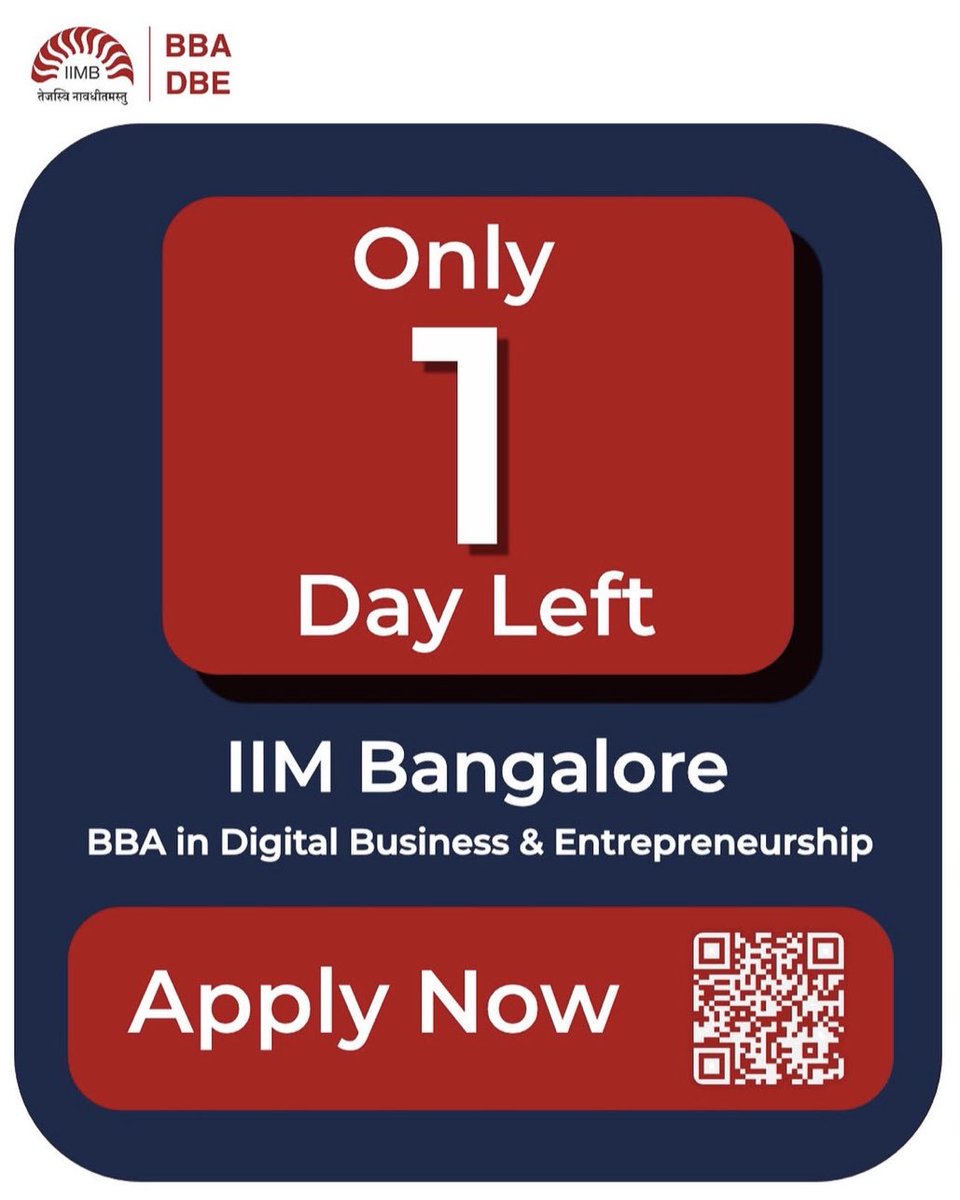 bbadbeiimb's tweet photo. 1 day left. 🚨
applications for BBA DBE at IIM Bangalore close tomorrow, 30 June, 3:00 PM IST.
future-ready skills. leading faculty. a community of ambitious learners ready to build, not just study.
this is your last call.
Scan the QR code or visit https://t.co/0akVi7qUnJ

#BBADBE #IIMBangalore