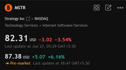 coinbureau's tweet photo. ⚡️UPDATE: STRATEGY STOCKS JUMP PREMARKET

$MSTR is up 6% to $87.38 premarket after Strategy announced its new Digital Credit Capital Framework.

$STRC is also up 9.6% to $81.75 premarket after it raised its preferred dividend rate to 12%, effective July 1.