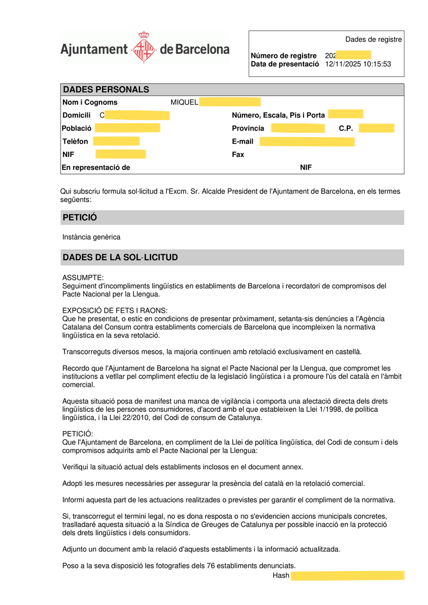 miqu3lm0la's tweet photo. 2/6 El novembre de 2025 detecto i denuncio amb imatges, 74 establiments de Barcelona que incompleixen sistemàticament el Codi de Consum.

Davant del silenci municipal de més de tres mesos, demano l'empara del @sindicdegreuges 👇 https://t.co/NY83u8nO1z