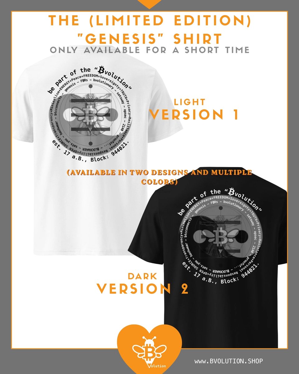 Bvolution_shop's tweet photo. 🧡 The limited GENESIS Shirt.

⚪ Light Version
⚫ Dark Version
Available in multiple colors. For a limited time only.

Which one would you choose?

#bitcoin #btc #bitcoiner #genesis #bvolution

🇩🇪 Full German version on Instagram. https://t.co/BEKxBbGwIb