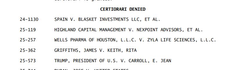 bykatiebuehler's tweet photo. AND: The Supreme Court WON'T review E. Jean Carroll's $5 million sexual assault verdict against President Donald Trump. #SCOTUS https://t.co/Hv0oyQaHnT