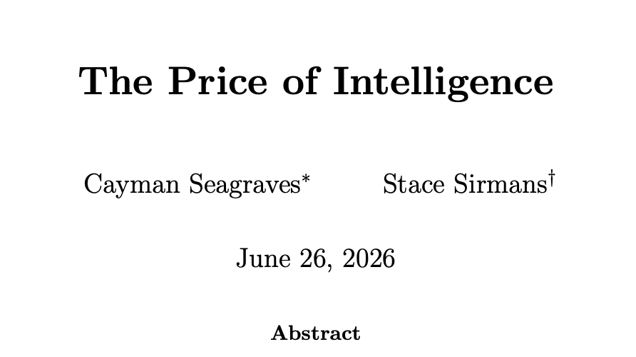 KevinTFrazier's tweet photo. Share with your favorite AI economist: 

"Machine intelligence is sold by the token, but the economic price of intelligence is a price for capability. 

In a market with rapid model turnover, those objects diverge. 

Continuing model prices rise +6.5%, yet the fixed-quality inference-price index changes by -51.9% and the cost of reaching a fixed benchmark threshold changes by -99.4%."

Kudos to @CaymanSeagraves & @StaceSirmans for timely research!