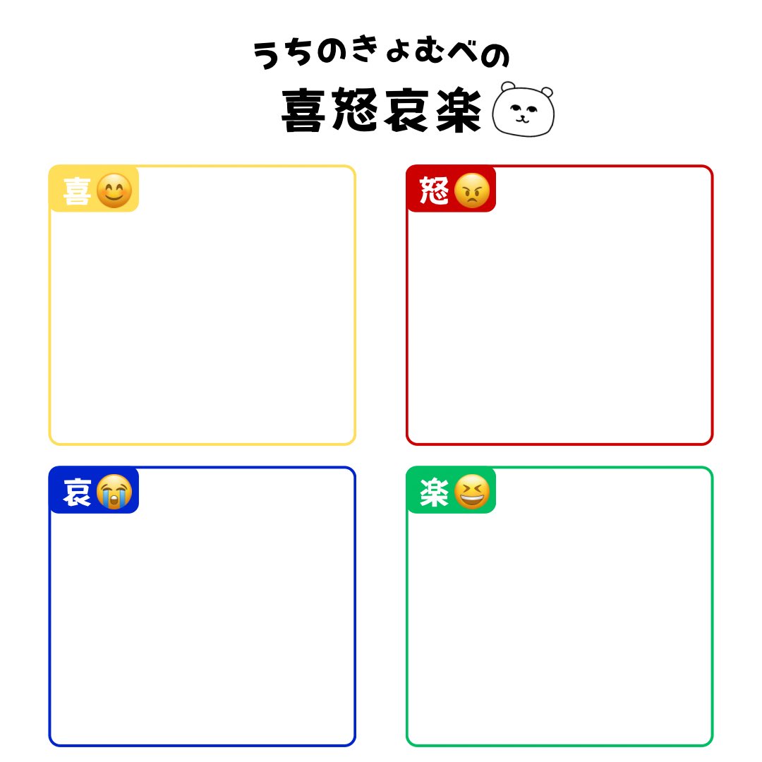 bear0906bear's tweet photo. みんなのお家のきょむべさんの喜怒哀楽が見たいので作りました😂

枠が微妙な形で使いづらいかもですが空いたスペースは思い出を書いたりしてください😂 https://t.co/6IGpCHpeRv