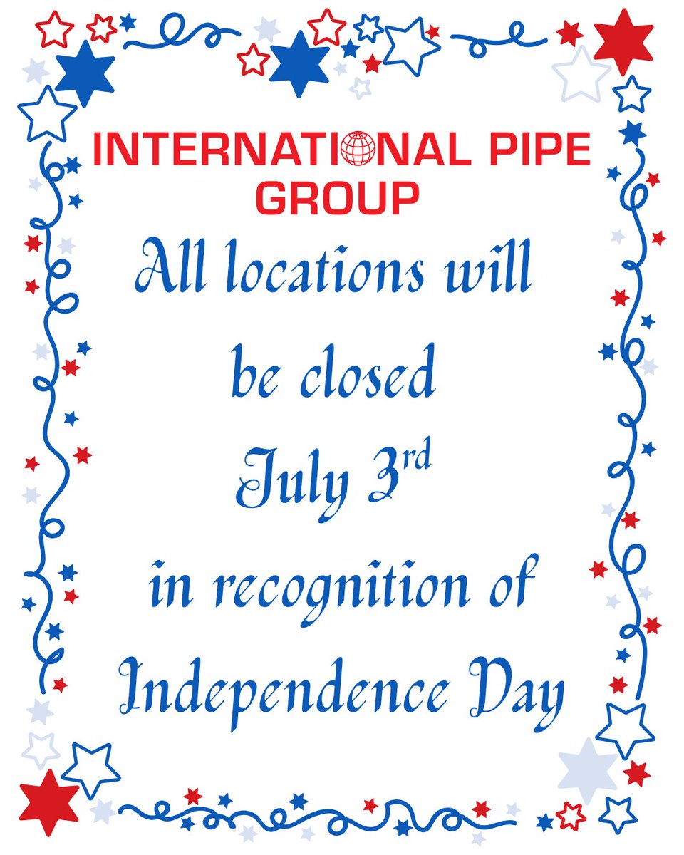 bigfootpipe's tweet photo. Big Foot Pipe is wishing everyone a safe and happy Independence Day. All locations will be closed July 3rd in observance of the holiday. We will be back and ready to serve you on July 6th.
#IndependenceDay #July4th #InternationalPipeGroup #HappyFourth #BigFootPipe https://t.co/dBHAYoJMxg