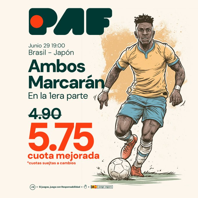 todoapuestas's tweet photo. 🇧🇷 Brasil vs Japón 🇯🇵 | Junio 29, 19:00

🔥 Cuota mejorada en PAF:
Ambos marcarán en la 1ª parte

4.90 ➜ 5.75

¿Goles desde el inicio?
https://t.co/YTGYA1p51k

#BrasilJapon #Mundial2026 #ApuestasDeportivas #JuegoResponsable +18 https://t.co/CFNCHSqxqg