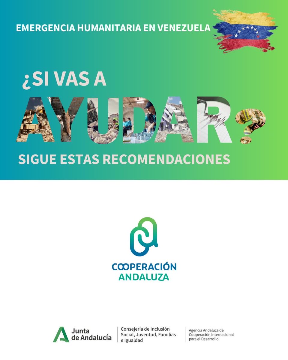 CooperacionAND's tweet photo. 🇻🇪 Terremoto en Venezuela

La ayuda es más eficaz cuando se canaliza a través de organizaciones humanitarias que ya trabajan sobre el terreno.

Desde la AACID compartimos recomendaciones para colaborar de forma segura y eficaz.

🔗 https://t.co/AGYDM8aBhn https://t.co/YV27wtwfWh