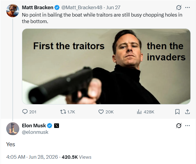 Ike_Saul's tweet photo. Musk is way, way worse than a lot of people (myself included) thought. And he's now using his unbelievably large platform to egg on clear threats of violence against "traitors" (political opponents) and "invaders" (immigrants) https://t.co/SkGELSOKCG