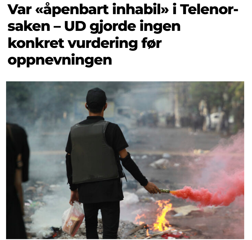 benjabrin's tweet photo. Det ble ikke gjort konkrete habilitetsvurderinger før Telenor-tilknyttede Anita Househam og Liv Tørres ble oppnevnt av regjeringen til Norges kontaktpunkt for ansvarlig næringsliv.

På samme tidspunkt hadde klageorganet Telenor-saken til behandling – en sak omtalt som den mest alvorlige menneskerettighetssaken i moderne norsk historie.

Senere ble Househam vurdert som «åpenbart inhabil» i Telenor-saken. Tørres’ habilitet ble vurdert etter at saken kom tilbake til Kontaktpunktet høsten 2024, men heller ikke der ble det utformet en skriftlig habilitetsvurdering.

Househam hadde tidligere vært menneskerettighetsdirektør i Telenor. Tørres hadde året før deltatt i og blitt kompensert for Telenors Human Rights Expert Forum.

Dette er andre artikkel i min graveserie om Telenor Myanmar og norske myndigheters håndtering av saken.