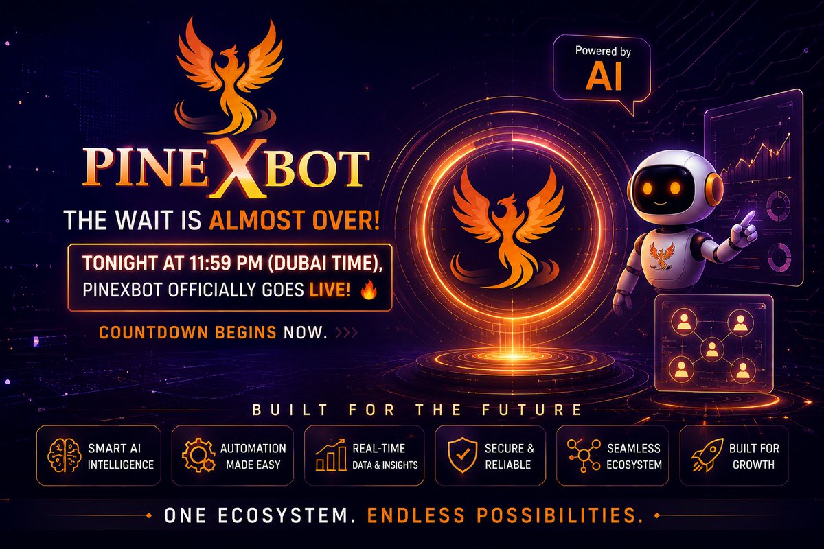 PinexBot's tweet photo. 🔥 The wait is almost over! 

Tonight at 11:59 PM (Dubai Time), PinexBot officially goes live! 🔥 

 ⏳ Countdown begins now.
⚡ Smarter. Faster. Connected.
🚀 One Ecosystem. Endless Possibilities.

#PinexBot #AI #ArtificialIntelligence #Automation #TechInnovation #FutureTech https://t.co/6swBz6N3Ks