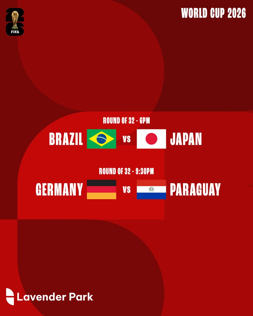 lavender_park's tweet photo. ⚽ WORLD CUP 2026 – KNOCKOUT DOUBLE HEADER
Brazil vs Japan – 6:00pm
Followed by:
Germany vs Paraguay – 9:30pm

Two huge knockout clashes, with every minute carrying the pressure of win or go home. Watch it live at Lavender Park. 🏆⚽ https://t.co/Exh5itr5D5