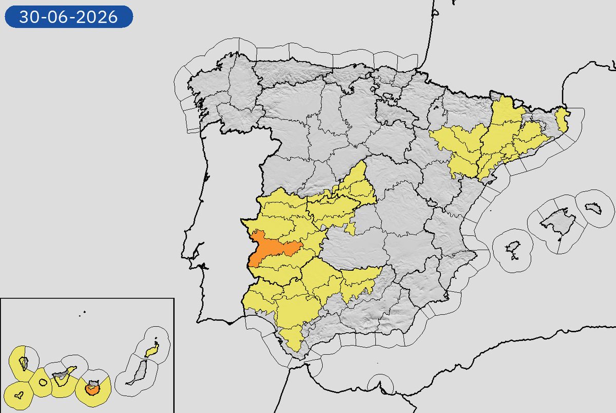 AEMET_Esp's tweet photo. 29/06 15:54 AVISOS HOY Y MAÑANA | España: tormentas, lluvias, temperaturas máximas, costeros y vientos. Nivel máximo de aviso: naranja.
Actualizaciones en https://t.co/BLdoSsO2Qv https://t.co/3RZiQKxTtV