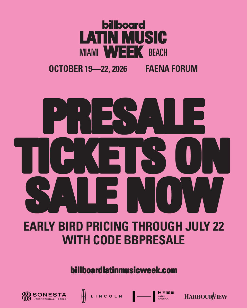 billboardlatin's tweet photo. Billboard Latin Music Week is BACK 🎉 The most prestigious and longest-running week dedicated to Latin music and culture returns to Miami October 19–22, 2026.

Don’t miss exclusive conversations, Industry panels, live performances & more. Presale tickets are now available 🚨 FOR A LIMITED TIME ONLY 🚨 Use code BBPRESALE and secure yours here: https://t.co/ReVhBLlwH3