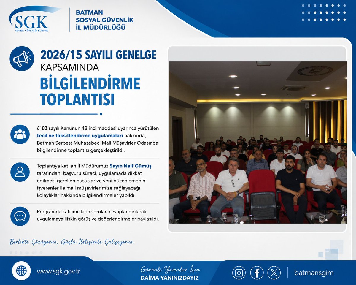 BatmanSgim's tweet photo. 📋 Bilgilendirme Toplantısı

İl Müdürümüz Sayın Naif Gümüş, Batman Serbest Muhasebeci Mali Müşavirler Odasında 2026/15 Sayılı Genelge kapsamında tecil ve taksitlendirme uygulamalarına ilişkin bilgilendirmelerde bulundu.

@sgksosyalmedya @csgbakanligi @ngumus8 

#BatmanSGK #Tecil https://t.co/gNIbQsPdOT
