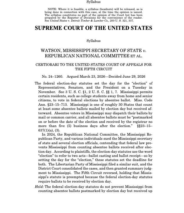 greg_price11's tweet photo. 🚨 BREAKING: Justice Barrett and Justice Roberts sided with the liberal justices and ruled in Watson v. RNC that states can collect absentee ballots postmarked by election day but received up to 5 days after.

5-4 ruling. https://t.co/0zf7gJTVPs