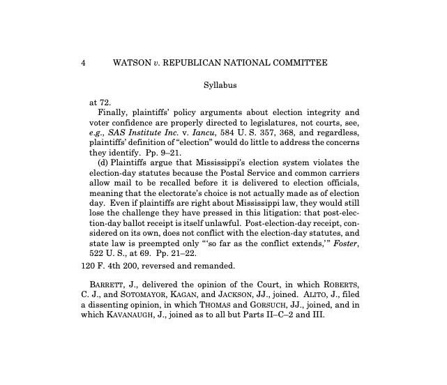 greg_price11's tweet photo. 🚨 BREAKING: Justice Barrett and Justice Roberts sided with the liberal justices and ruled in Watson v. RNC that states can collect absentee ballots postmarked by election day but received up to 5 days after.

5-4 ruling. https://t.co/0zf7gJTVPs