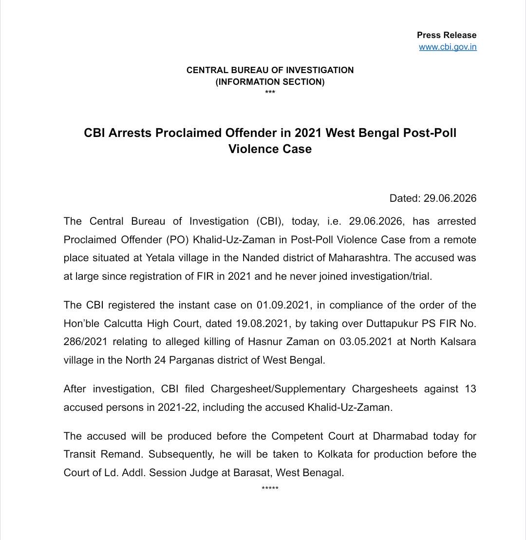 CBIHeadquarters's tweet photo. CBI Arrests Proclaimed Offender in 2021 West Bengal Post-Poll Violence Case https://t.co/hpNNph64oE