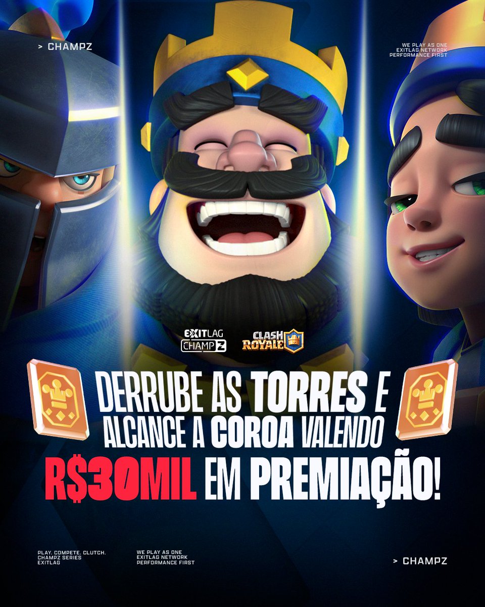 ExitLagBR's tweet photo. O #ExitLagChampZ chegou no CLASH ROYALE 👑 
R$ 30 MIL em premiação e uma experiência ÚNICA, que só essa parceria Supercell + ExitLag pode te proporcionar 😎 

🗓️  Se liga nas datas 👇  
Qualificatória 1 - 04 de Julho
Qualificatória 2- 05 de Julho
ExitLag Only - 10 de Julho
Playoffs - 11 e 12 de Julho

Bora participar?
🔗  https://t.co/J9KtKEbPFQ