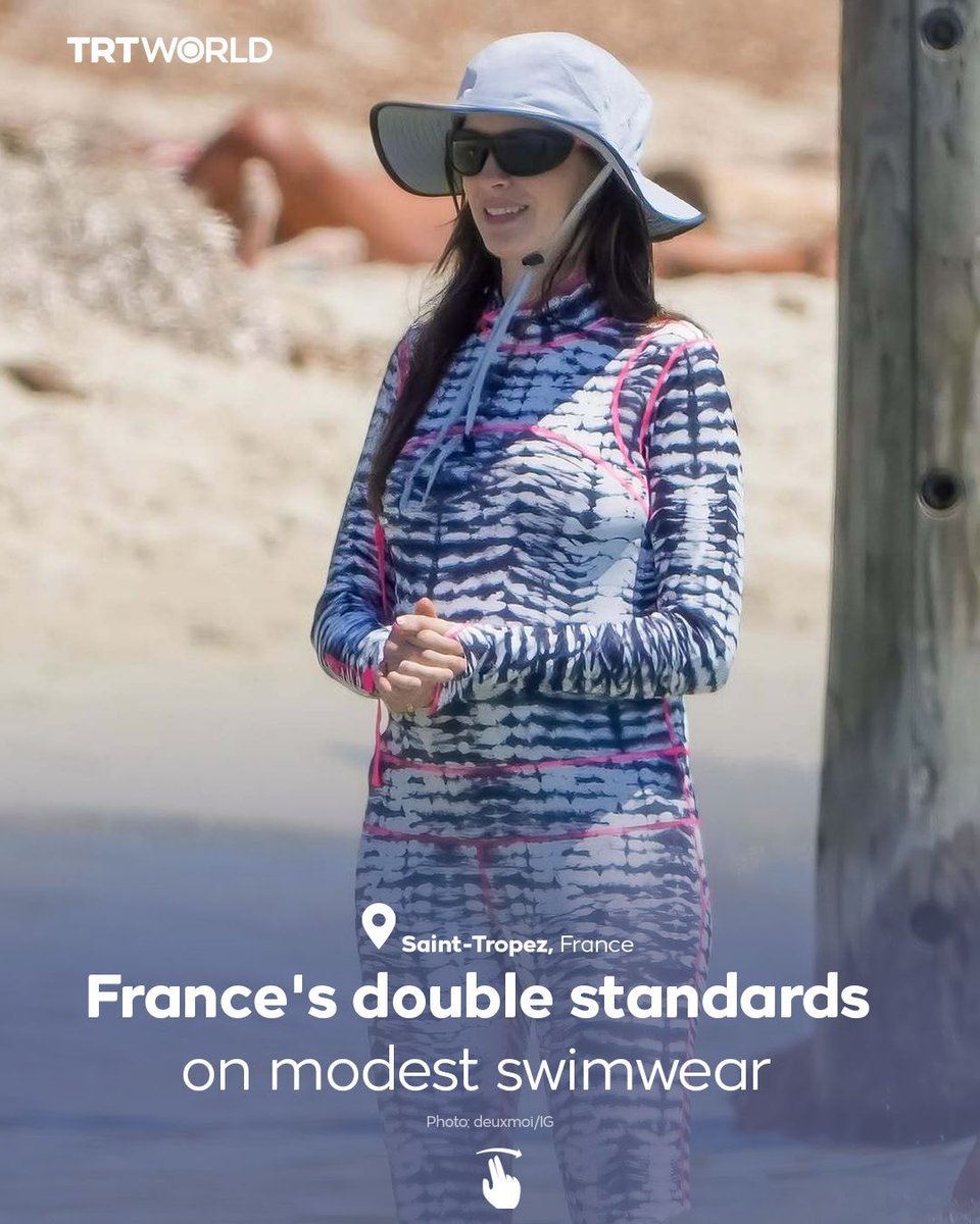 trtworld's tweet photo. Photographs of American actress Anne Hathaway in a full-coverage swimsuit in Saint-Tropez have sparked debate over France’s policing of women’s clothing and its double standards.

While Hathaway was praised, many Muslim women have faced fines or bans for wearing burkinis in the country