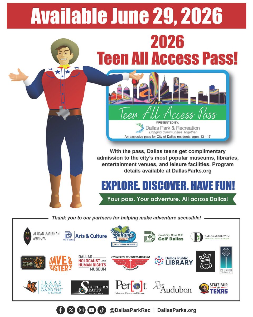 DallasParkRec's tweet photo. 🥳Teen All Access Pass available NOW!
For additional info and program updates, head to https://t.co/meU24E9WQ9

🥳¡El Pase de Acceso Total para Adolescentes ya está disponible!
Para obtener más información y conocer las novedades del programa, visita https://t.co/meU24E9WQ9 https://t.co/LVGNjsQRE9