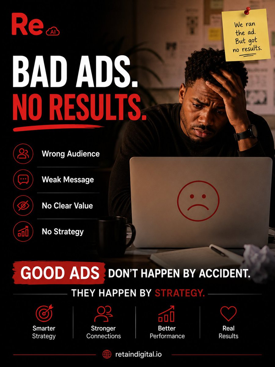 RetainDigitalAi's tweet photo. Most ads don't fail because of budget.

They fail because they reach the wrong people, send the wrong message, or have no strategy behind them
Good ads don't happen by accident. They happen by strategy.

🔗 https://t.co/FT4dWplqAW

#Retaindigital #DigitalMarketing #Advertising https://t.co/ICtSWrINje