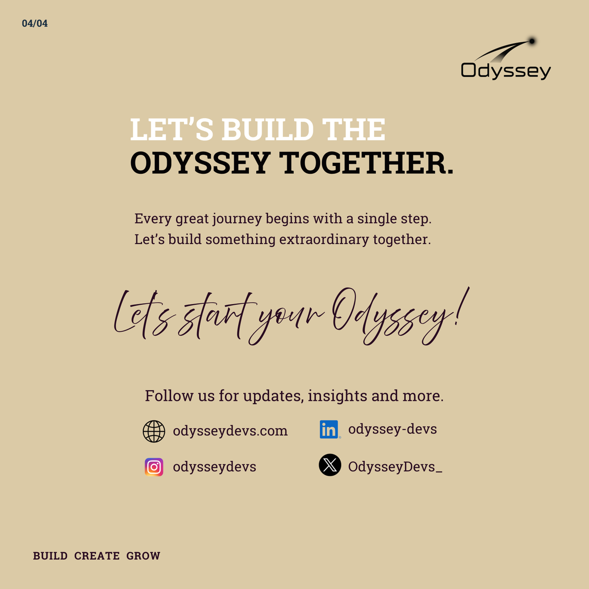 OdysseyDevs_'s tweet photo. The journey starts now.

Welcome to ODYSSEY.

We're here to build bold ideas, solve real problems, and create digital experiences that make an impact.

This is only the beginning.

Engineering the ODYSSEY of tomorrow. 🚀

Follow along as we build, innovate, and grow. https://t.co/znDOx6es3k