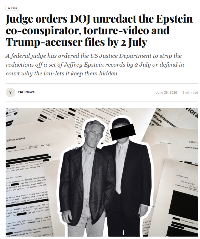 OpDeathEaters's tweet photo. A federal judge has ordered the DOJ to release more unredacted Epstein files or justify every remaining redaction by July 2, ruling the department likely violated the Epstein Files Transparency Act. The DOJ must comply. #OpDeathEaters #3E #EndImpunity https://t.co/tjjXkGa3t1