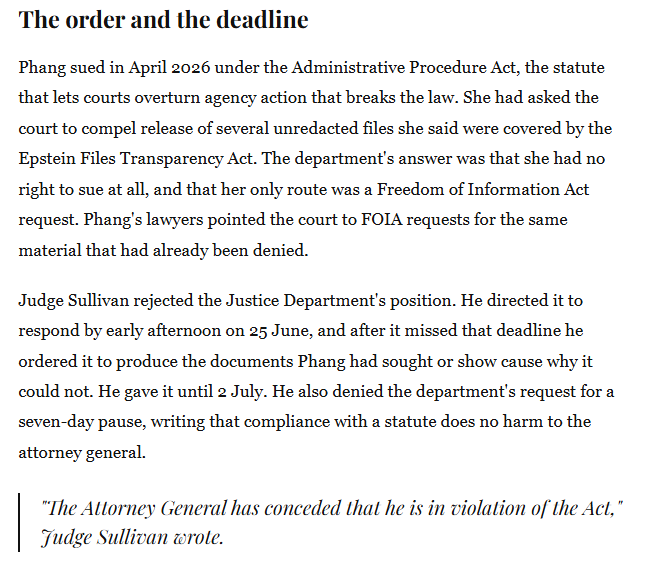 OpDeathEaters's tweet photo. A federal judge has ordered the DOJ to release more unredacted Epstein files or justify every remaining redaction by July 2, ruling the department likely violated the Epstein Files Transparency Act. The DOJ must comply. #OpDeathEaters #3E #EndImpunity https://t.co/tjjXkGa3t1
