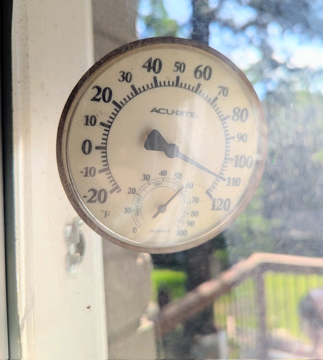 CraigsBrain's tweet photo. A warning: placing your analog outdoor thermometer where it gets direct morning sunlight might scare the crap out of you. Thankfully it'll only reach 94° today not 110°. https://t.co/Uc3m3MejfQ