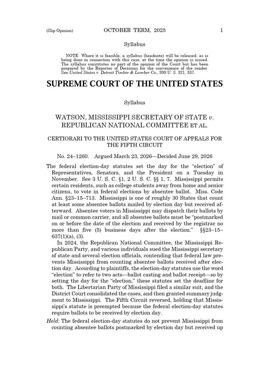 DemocracyDocket's tweet photo. BREAKING: In a huge win for voters across the country, the Supreme Court ruled 5-4 to uphold grace periods for mail ballots.

States CAN count ballots postmarked by Election Day but received after Election Day. https://t.co/3VqvKPFEHc