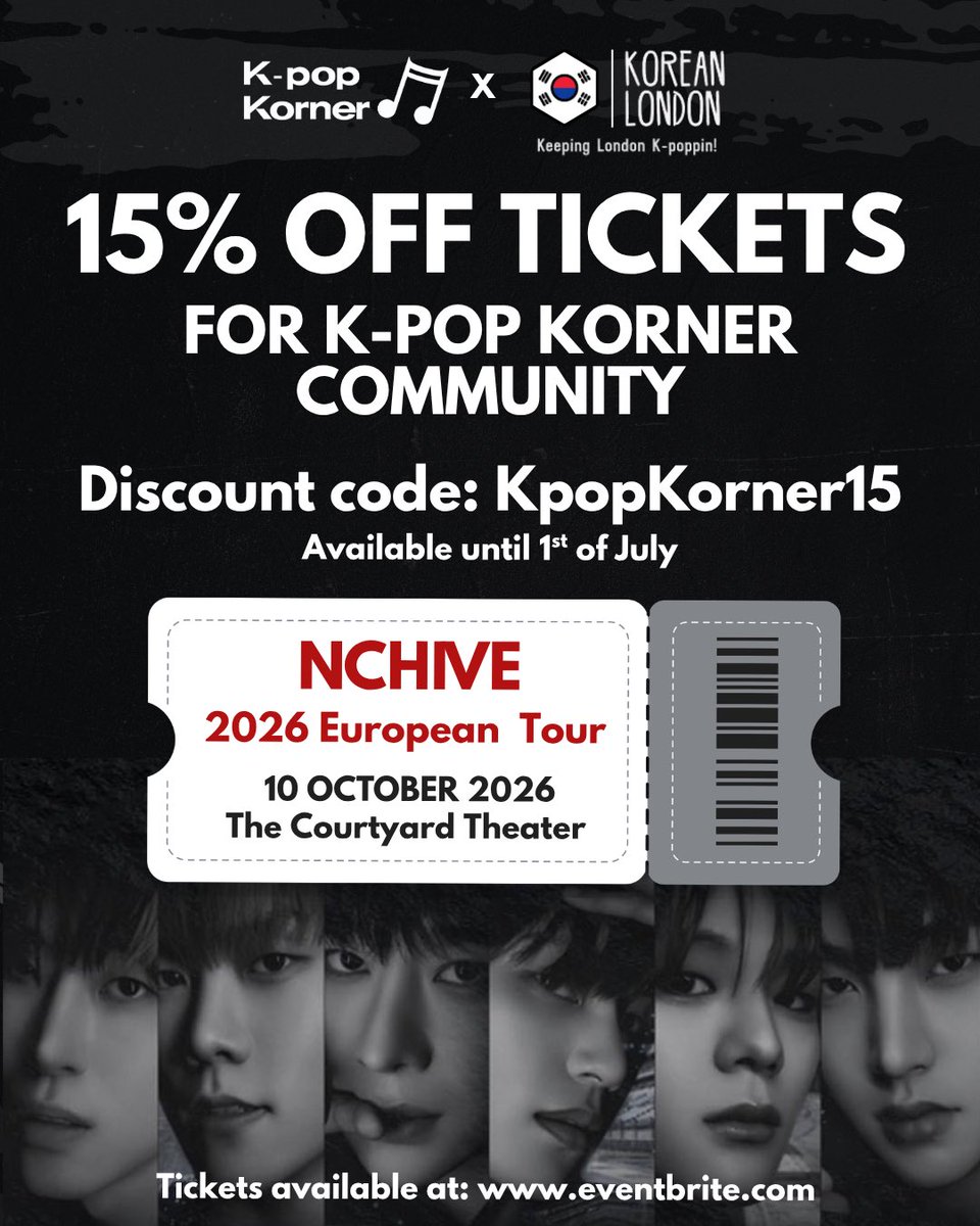 kpopkorner_uk's tweet photo. 🎉 K-pop Korner has teamed up with Korean London to bring our community 15% OFF tickets for NCHIVE’s London Concert! 💖
🎟️ Use code: KpopKorner15 (until 1 July)
📍 The Courtyard Theatre, London
📅 10 October 2026
🎫 Tickets available on Eventbrite
#nchive #ticketdiscount https://t.co/15MDcCz3Ro